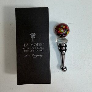 Two's Company OS Wine Bottle Stopper La Mode Millefiori Art Glass Red Silver